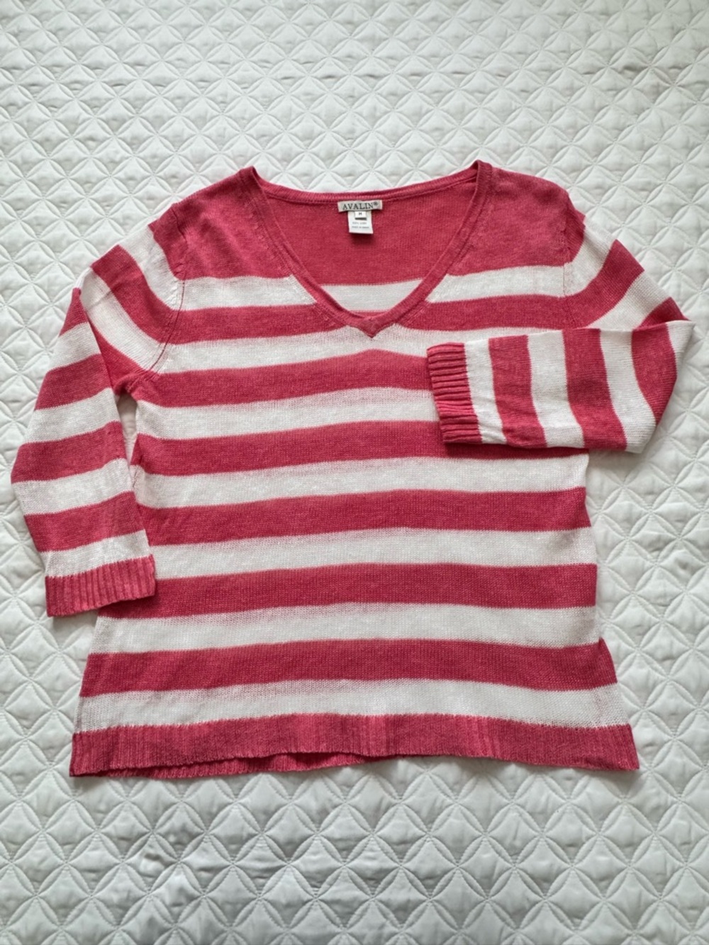 Avalin Pink & White Striped 100% Linen V-Neck Sweater Size M